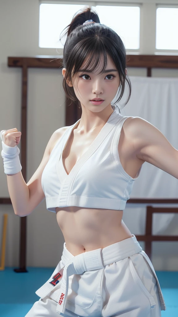 (Sporty bra visible)、(((Sexy Karate Singlet)))、Female karateka with bangs and a ponytail、The navel and under the chest are visible、Glowing Skin、((Embarrassed face))、((Turn away))、((Look to the side))、((Blushing))、(Watery eye)、cry、(((Karate Dojo)))、((Delicate painting))，(Masterpiece detailed RAW photos:1.25), (Highest quality:1.6), (Ultra-high resolution:1.5), (Realistic:1.75), 8k resolution, Canon EOS R5, 50mm, Absurd, Very detailed,Cinema Lighting、((Sporty pants are visible))、(((Take off your pants)))、