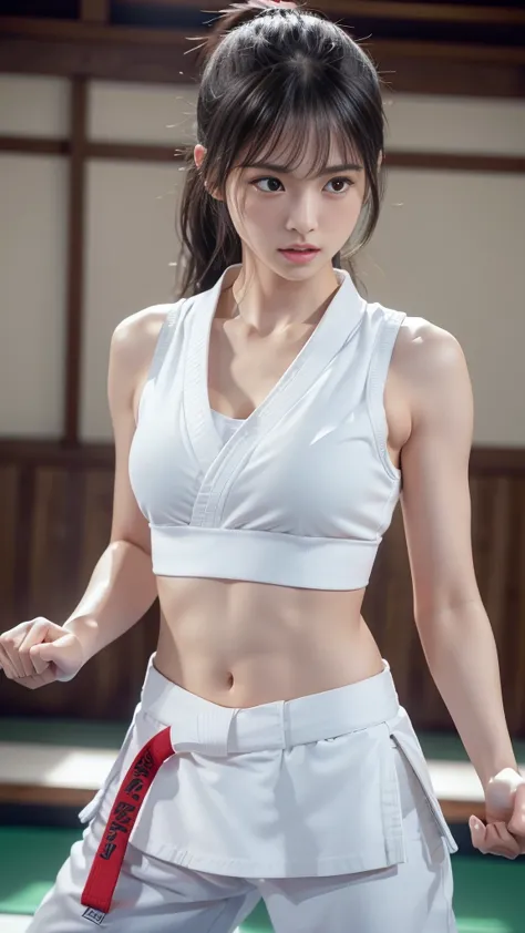 (sporty bra visible)、(((sexy karate singlet)))、female karateka with bangs and a ponytail、the navel and under the chest are visib...