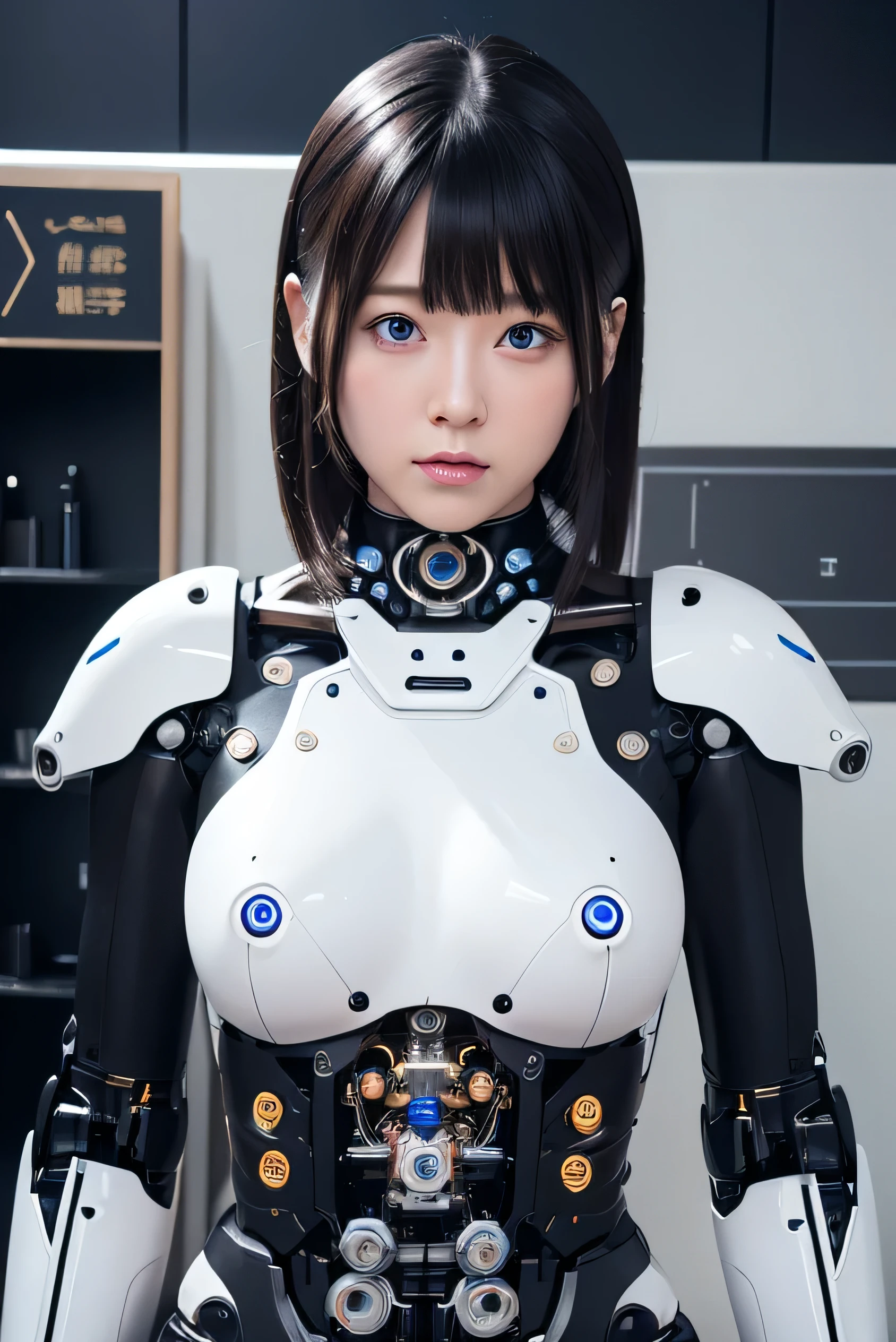 masterpiece, best quality, extremely detailed, 8K portrait,1girl in, Japaese android girl,android teacher,Plump , control panels,android,Droid,Mechanical Hand, ,Robot arms and legs, Black hair,Mechanical body,Blunt bangs,White Robotics Parts,perfect robot woman,Charging spot,perfect mechanical body,white robotics body,android assembly plant,white body,She has repaired,black sponge joints,android,laboratory,perfect machine body,white robot body,blue eyes,glowing eyes