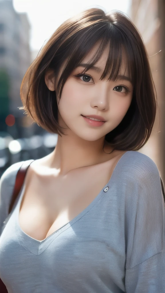 8k,Highest quality,(masterpiece:1.2),(Realistic),(Realistic:1.37),Ultra-high resolution,1 female college student,city,smile,Beautiful Eyes,(((Cute casual clothes))),Big Breasts,Perfect body,Perfect Fingers,Professional Lighting,gravure,Detailed face and skin texture,fine grain,RAW Photos