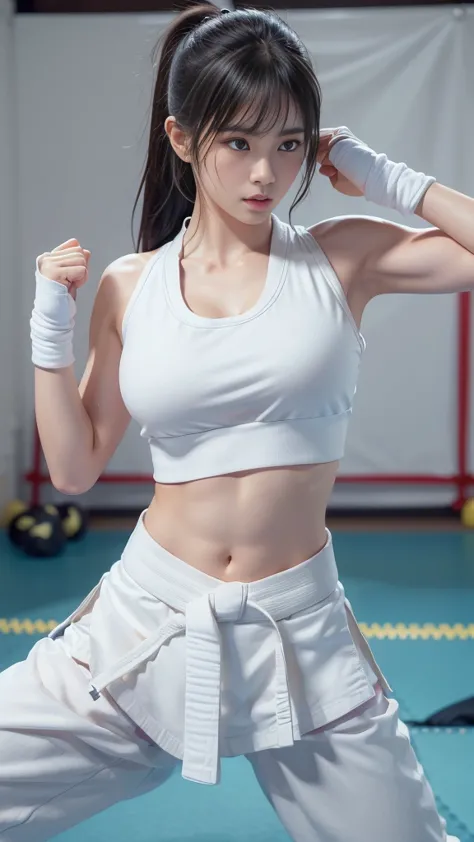 (sports bra visible)、(((sexy karate singlet)))、female karateka with bangs and a ponytail、the navel and under the chest are visib...