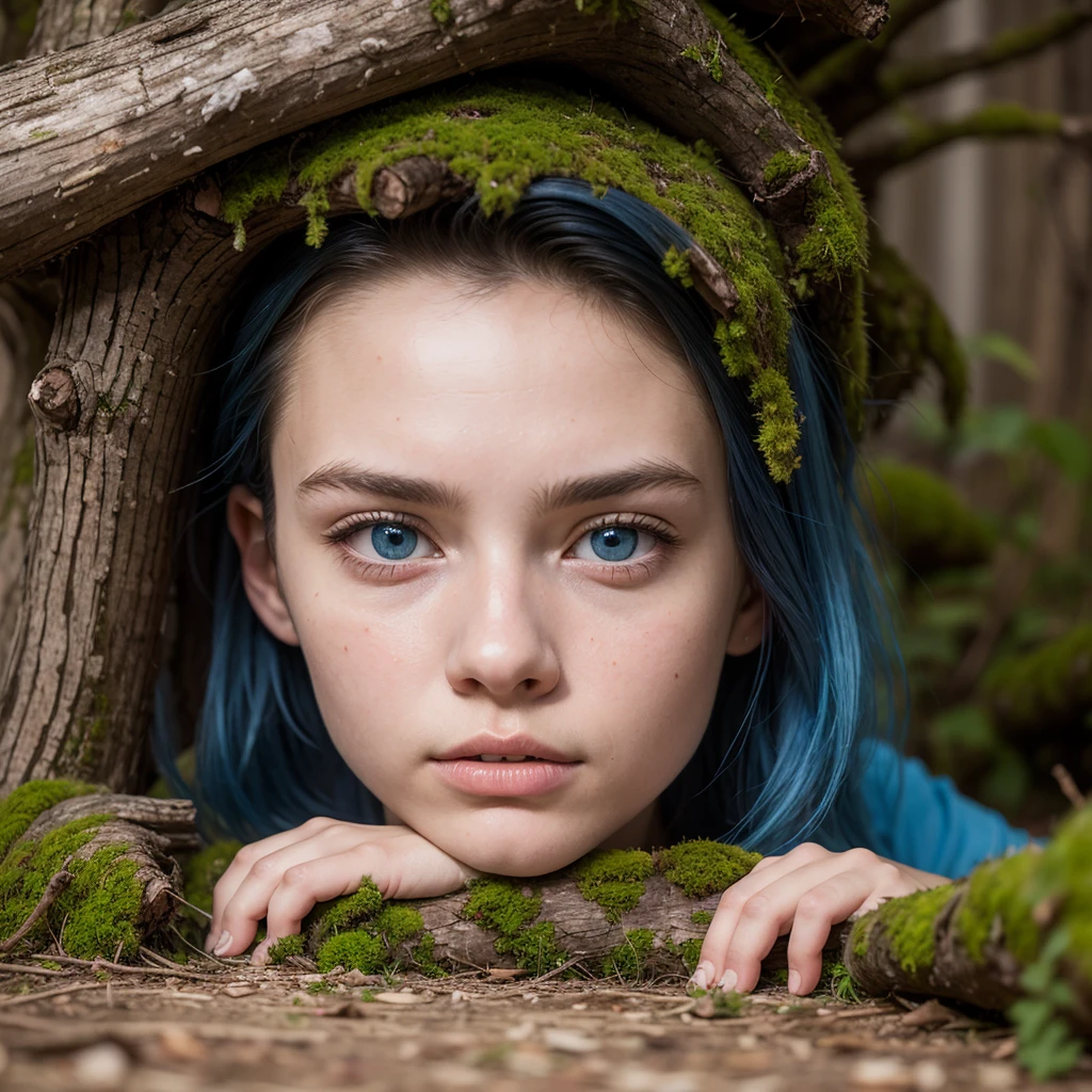 Best quality, masterpiece, ultra-high resolution, surrealism, firewood, moss piled in kitchen corner, an eighteen-year-old boy, blue hair, blue eyes,