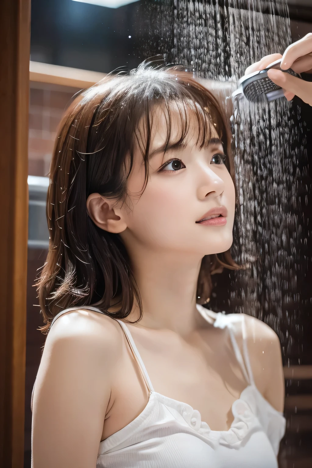 (Girl taking a shower:1.3), (Baby Face:1.3), (Highest quality:1.4), (Very detailed), (Very detailed美しい顔), naked, (Baby's physique:1.2), Great face and eyes, iris, (Flat Chest:1.5), (Skinny body type:1.5), (look up:1.5), (Face close-up:1.2), (From the side:1.3), Hotel Bathroom, Hot water comes out from the ceiling, Smooth, Very detailed CG synthesis 8k wallpaper, High-resolution RAW color photos, Professional photography, Light, BackLight, dream-like, impressive, Written boundary depth