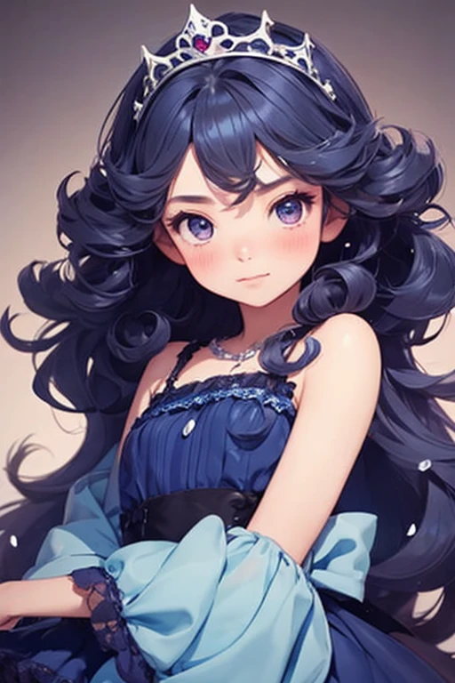 there is nothing, Highest quality, , 10 years old，cute , Bluenette, Curly Hair, evil girl, dress，tiara，