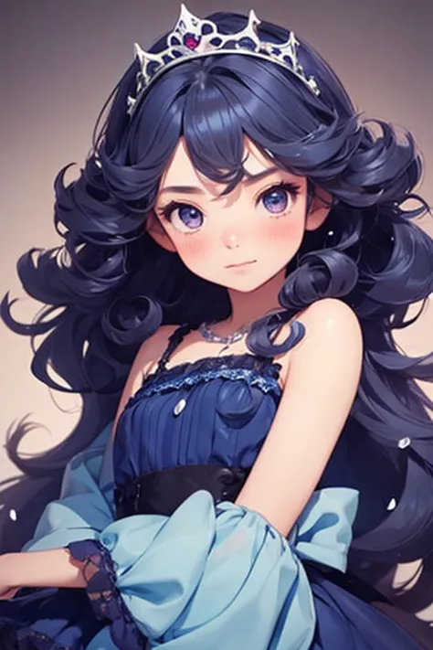 there is nothing, highest quality, , 10 years old，cute , bluenette, curly hair, evil girl, dress，tiara，