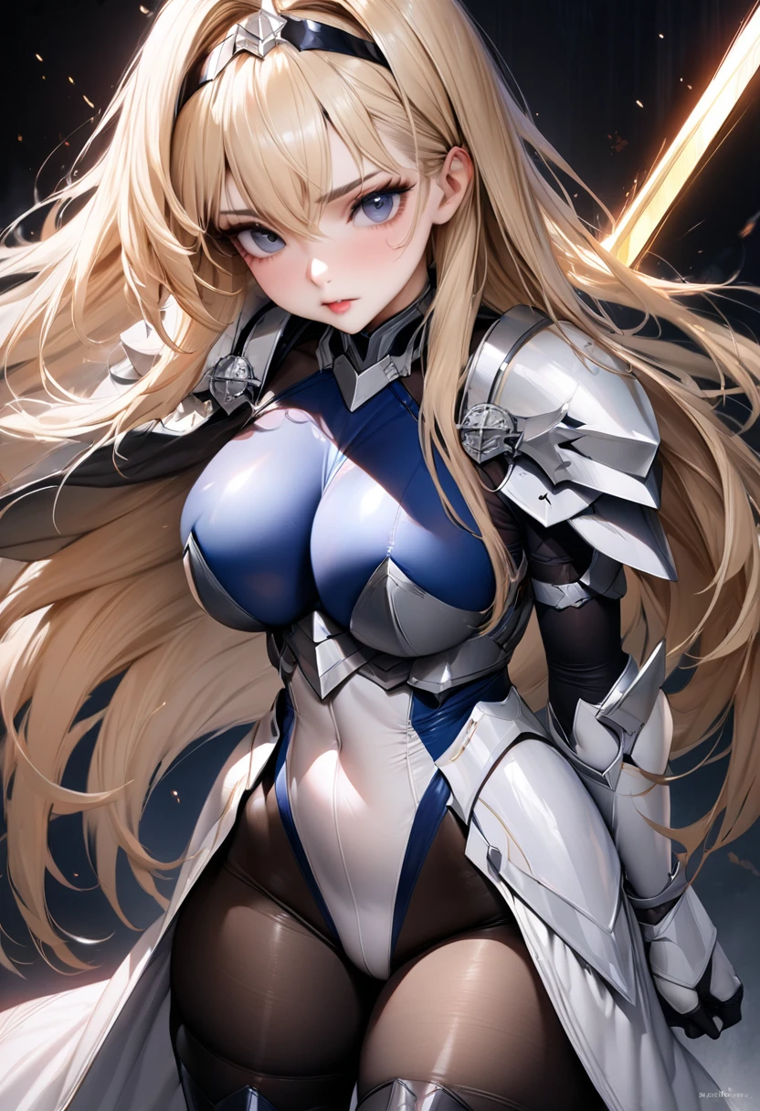 ((highest quality)), ((masterpiece)), ((hyperrealistic)), (solo), 1girl, 18 years old, ((curvy)), ((Tight and digging into the skin: 1.2)), perfect face, ((Azur Lane)), ((armored dress)), ((white paladin armor)), ((skin-tight pantyhose leotard: 1.4)), ((white knight armor breastplate)), ((skin-tight black Investigator Bodystocking)), ((large pauldron)), (white long gauntlet gloves), metal circlet hair band, ((Blonde long straight hair)), ((Big chest that looks like it's going to burst under pressure)), (pantyhose thighs), ((Knee-high boots on the white tight skin that digs into it)), (high heel boots), ((see through cleavage cutout)), ultra high leg cut Coat of arms leotard, zettai ryouiki, Perfect and beautiful dark blue eyes, Perfect hands, perfect fingers, A divinely shining legendary sword, holding a sword, makeup, cowboy shot, A dashing attack, slashing