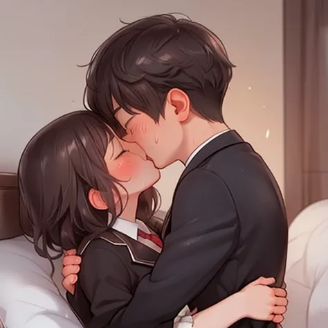 (highest quality, highest quality), (kiss:1.1),(1. young man, tall, black hair , kiss), (blazer:1.2), heterosexual. 1 female,iri...