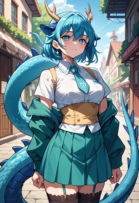 a blue dragon girl smiles with a lot of stones.