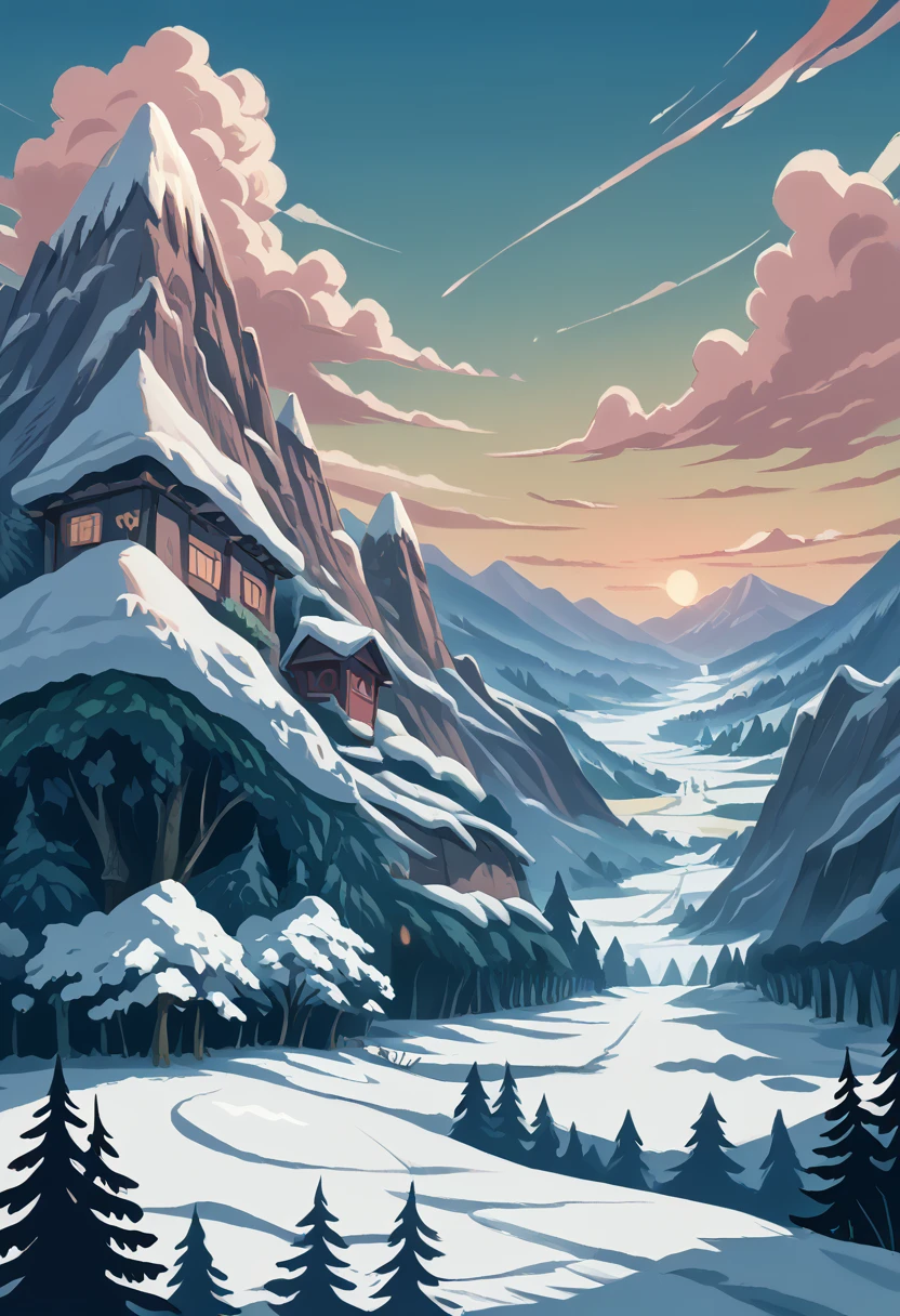 film art, concept art, masterpiece, wide-angle perspective, S-shaped composition, a picture of the mountain scenery from near to far in a cinematic vision, with distinct levels, clear high and low, distant sunset on the top of a snowy mountain, HD texture, distant layered snowy mountains, white clouds,