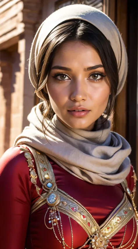 moroccan girl, brunnete, (traditional respectful covered dress), (very loose head scarf showing curly hair), (morrocan souk envi...