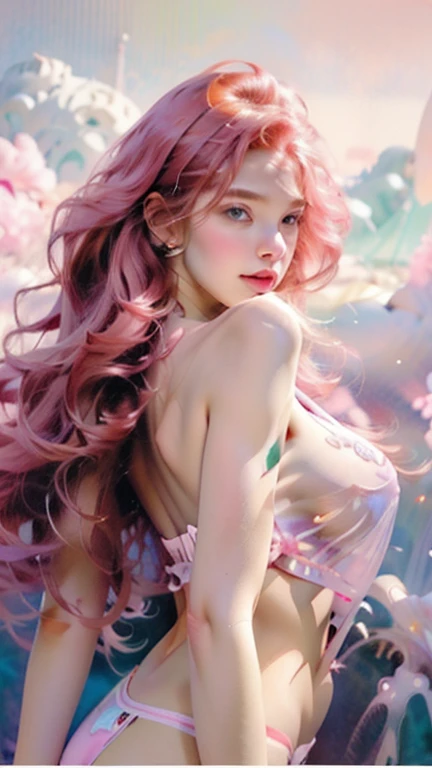  attractive European teen wavy red hair wearing a clear transparent short crop top and micro thong, naked on top,  realistic art style, 8k high quality detailed art, Beautiful digital artwork, Pink Girl, anime colored, Kawaii realistic ,Beautiful saggy breasts, large breasts, Seductive figure, medium long shot ,Upper Body, Dynamic poses  ,lighting studio ,Pink gradient background