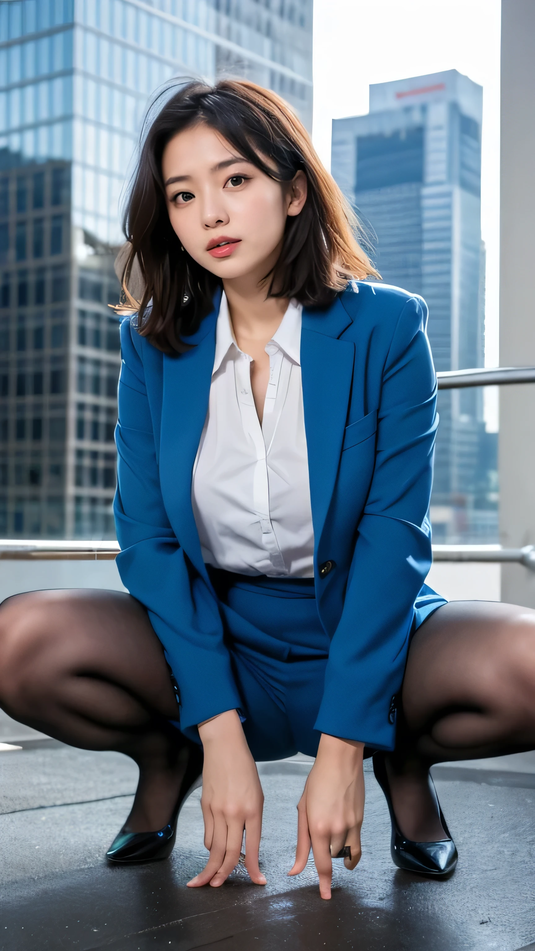 Skyscrapers in the background,masterpiece,Highest quality,High resolution,Anatomically correct,Sweat,Blue suit,pantyhose,shirt,Spread your legs,Spread your legs,Glowing Skin,Forehead,Messy Hair,Long Bob,ID card,Bend your knees and squat