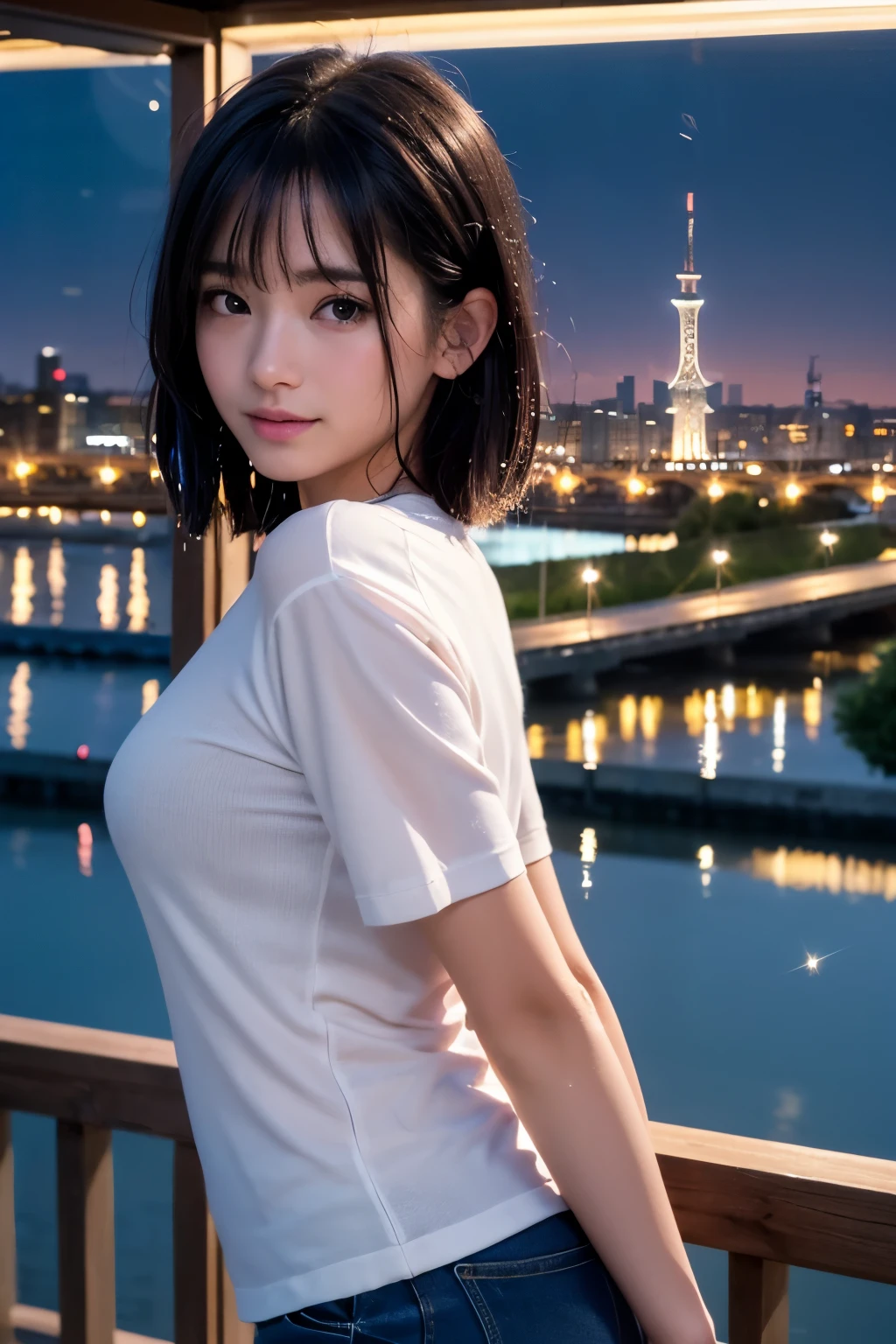 8k, RAW Photo, Best Quality, Masterpiece, Realistic, PhotoRealistic, Extremely Detailed 8k Wallpaper, Beautifully Detailed Eyes, Finely Detailed Face, 
 BREAK 
Professional Lighting, 
 BREAK 
(((s-bridge + building + city lights + cityscape + scenery + reflection + s-river + t-skytree + sparkle + twilight + night:1.8))), 
Perfectly Anatomically Correct:1.0, 5 Beautiful Thin Finger:1.0, 
 BREAK 
1 Girl, Cheerful, Light Smiling, 
Very Short Hair Bun:1.2, Symmetrical Clear Eyes:1.1, Captivating Eye Reflections:1.1, 
Kawaii, [Japanese], (Wide-Set Eyes, Big Eyes, Almond-Shaped Eyes, tareme, Double Eyelids, Eye Bags, (White Skinned), Blush, Embarrassed, 17-Year-Old, 
(Round Face), [[Chiseled Face]], (Round Chin), Thin Lips, [Small Nose], (Wet Hair), Messy Hair, Open Mouse Slightly, [Pouted Cheek]), 
Clothing Random SHIMAMURA Tops + Bottoms, 
Looking Back Viewer, 
 BREAK 
SFW:1.0, 
 BREAK 
Long Shot:1.2, bokeh:1.4