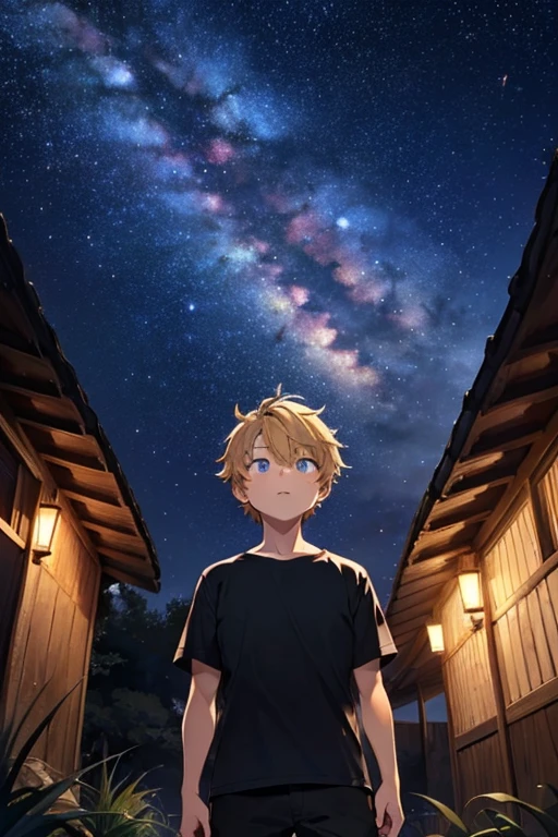 male子　male　Blonde　Blue Eyes　Slender　Surprised expression　Shota　Night Sky　milky way　Star of the sky　countryside　firefly　whole body　Look at the sky　Eyes are looking up　Short sleeve