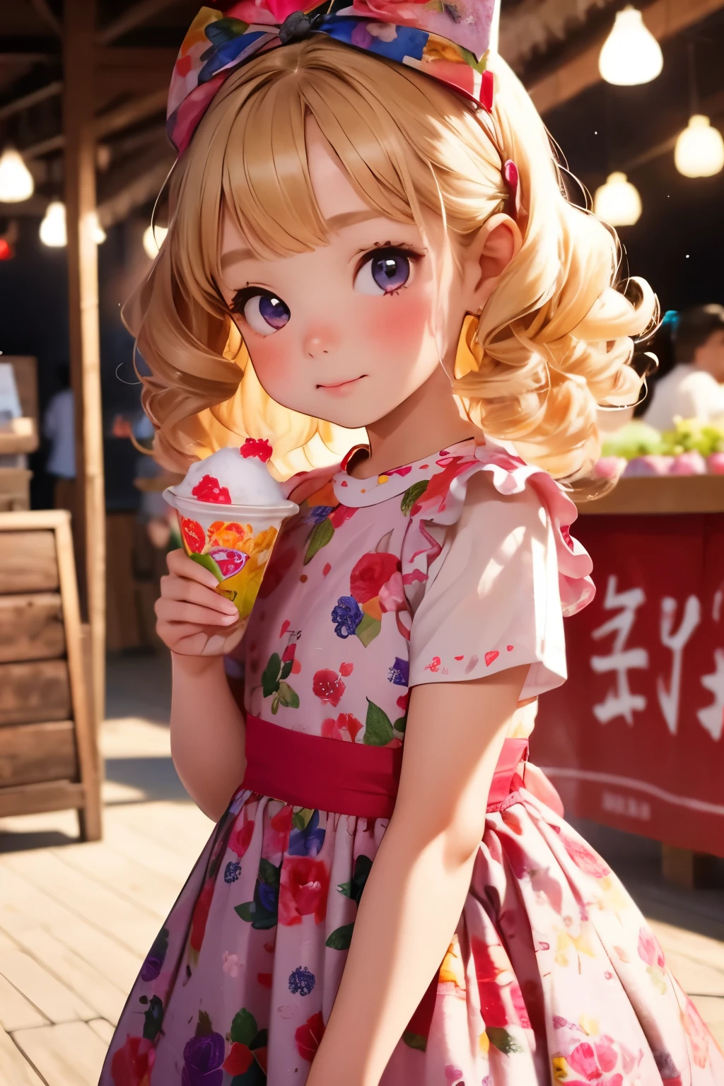 Highest quality, little female child，6 year old cute , blonde, Curly Hair, evil ，Floral Dress，I want to eat shaved ice at a festival night stall.，