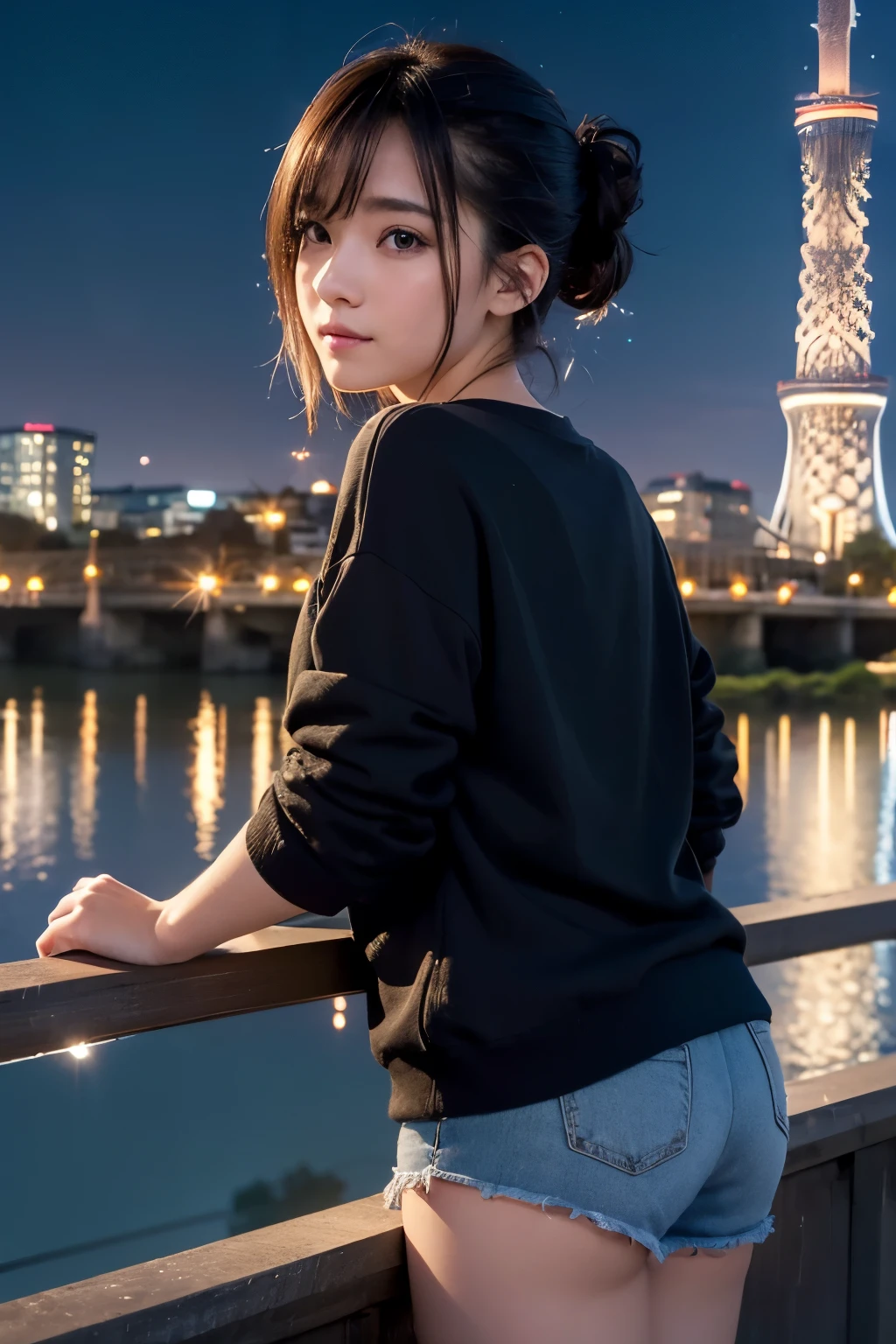 8k, RAW Photo, Best Quality, Masterpiece, Realistic, PhotoRealistic, Extremely Detailed 8k Wallpaper, Beautifully Detailed Eyes, Finely Detailed Face, 
 BREAK 
Professional Lighting, 
 BREAK 
(((s-bridge + building + city lights + cityscape + scenery + reflection + s-river + t-skytree + sparkle + twilight + night:1.8))), 
Perfectly Anatomically Correct:1.0, 5 Beautiful Thin Finger:1.0, 
 BREAK 
1 Girl, Cheerful, Light Smiling, 
Very Short Hair Bun:1.2, Symmetrical Clear Eyes:1.1, Captivating Eye Reflections:1.1, 
Kawaii, [Japanese], Wide-Set Eyes, Big Eyes, Almond-Shaped Eyes, tareme, Double Eyelids, Eye Bags, (White Skinned), Blush, Embarrassed, 17-Year-Old, 
(Round Face), [[Chiseled Face]], (Round Chin), Thin Lips, [Small Nose], (Wet Hair), Messy Hair, Open Mouse Slightly, [Pouted Cheek], 
Clothing Random SHIMAMURA Tops + Bottoms, 
Looking Back Viewer, 
 BREAK 
SFW:1.0, 
 BREAK 
Long Shot:1.2, bokeh:1.4