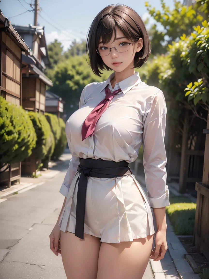 8k, RAW Photos, Highest quality, masterpiece, Realistic, Realistic, (1 Ultimate beauty), ((セクシーなhigh school girlの制服を着ている)),(Strictly adhere to a composition where only one person appears in the photo)、(On the way to school)(Wear rimless glasses)((high school girl))(((thin, white shirt and short brown flared skirt)))((I can see your pants))Highly detailed face, (Perfect Teeth), fine grain, double eyelid, eyelash, Lip details, (((Black short bob hair), (((Very large breasts)))Big Breasts,(((Accentuate your cleavage)))(((Squat pose)))(((Highlight the flesh of the crotch)))((Sexy pose))Cowboy Shot,  Soft Light, ((Written boundary depth)) 
Proceed with caution，((,Japanese women)), (((moderately fleshy body, Tight waist))), (((Realistic))