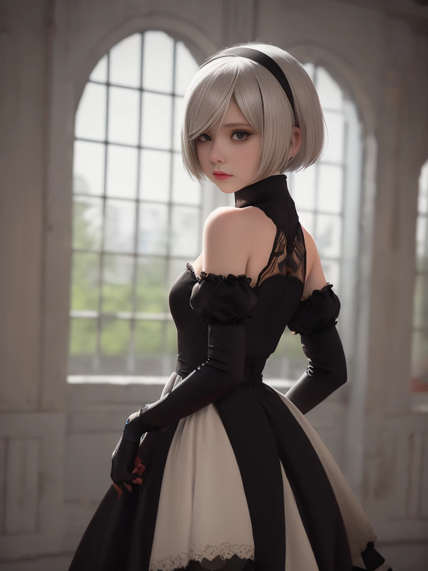 nier:Beautiful cosplay of 2b from Automata、A woman cosplaying as 2b、Caucasian skin、Cao Cao、21 years old、English、nier:2b&#39;Automata's black costume、light background、fancyな白い教会を背景に、standing, tranquil, amidst a white church、Photographing from a diagonal angle、work of art、highest quallity、high resolution、fancy、sheen、Cosplay Anime Makeup、Foto real de cosplay、cool photos、full - length portrait、handsome pose、Wrapped in a pale white glow、SOM、happiness、kindness、Softly rendered