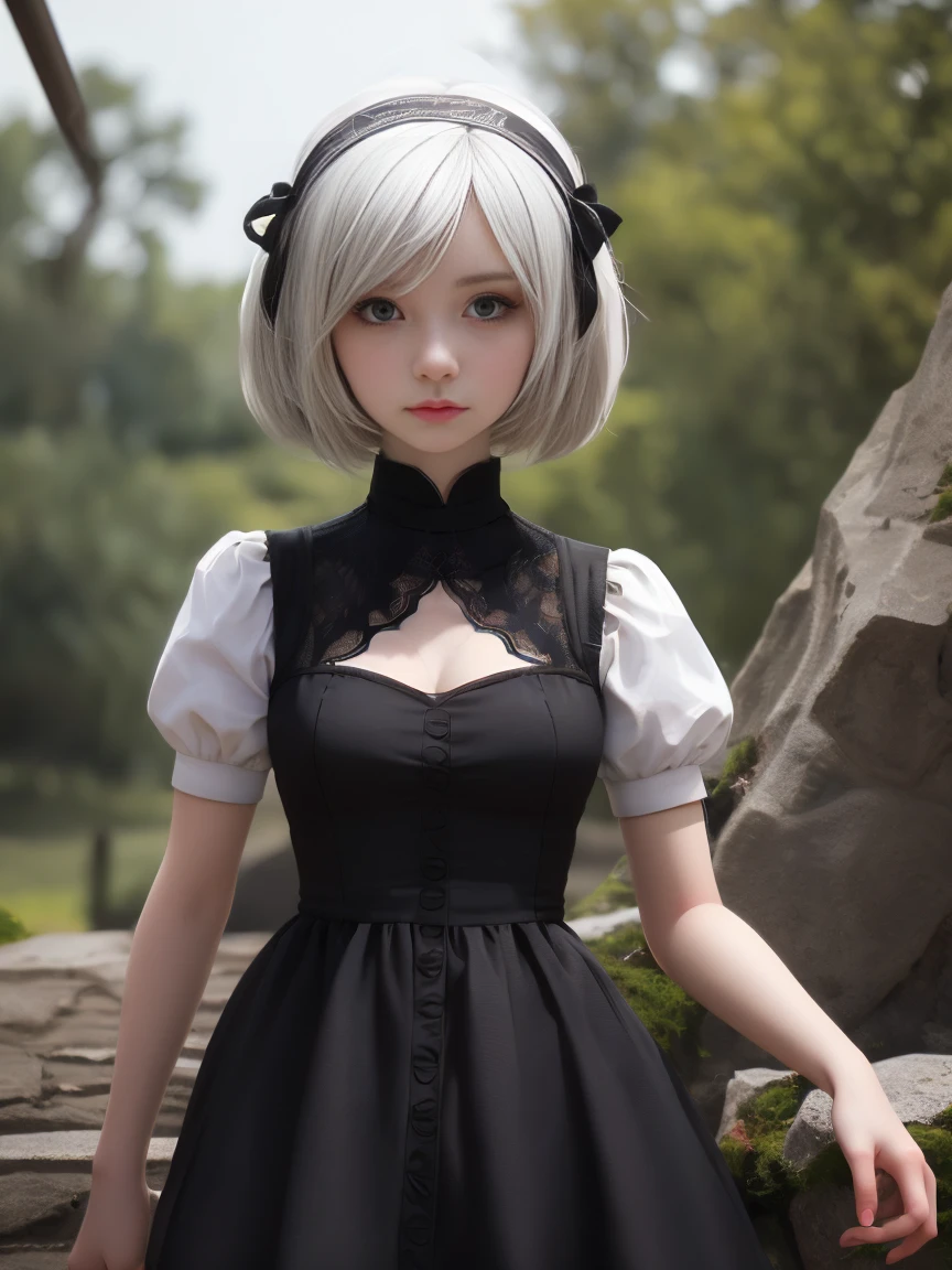 nier:Beautiful cosplay of 2b from Automata、A woman cosplaying as 2b、Caucasian skin、Cao Cao、21 years old、English、nier:2b&#39;Automata's black costume、light background、fancyな白い教会を背景に、standing, tranquil, amidst a white church、Photographing from a diagonal angle、work of art、highest quallity、high resolution、fancy、sheen、Cosplay Anime Makeup、Foto real de cosplay、cool photos、full - length portrait、handsome pose、Wrapped in a pale white glow、SOM、happiness、kindness、Softly rendered