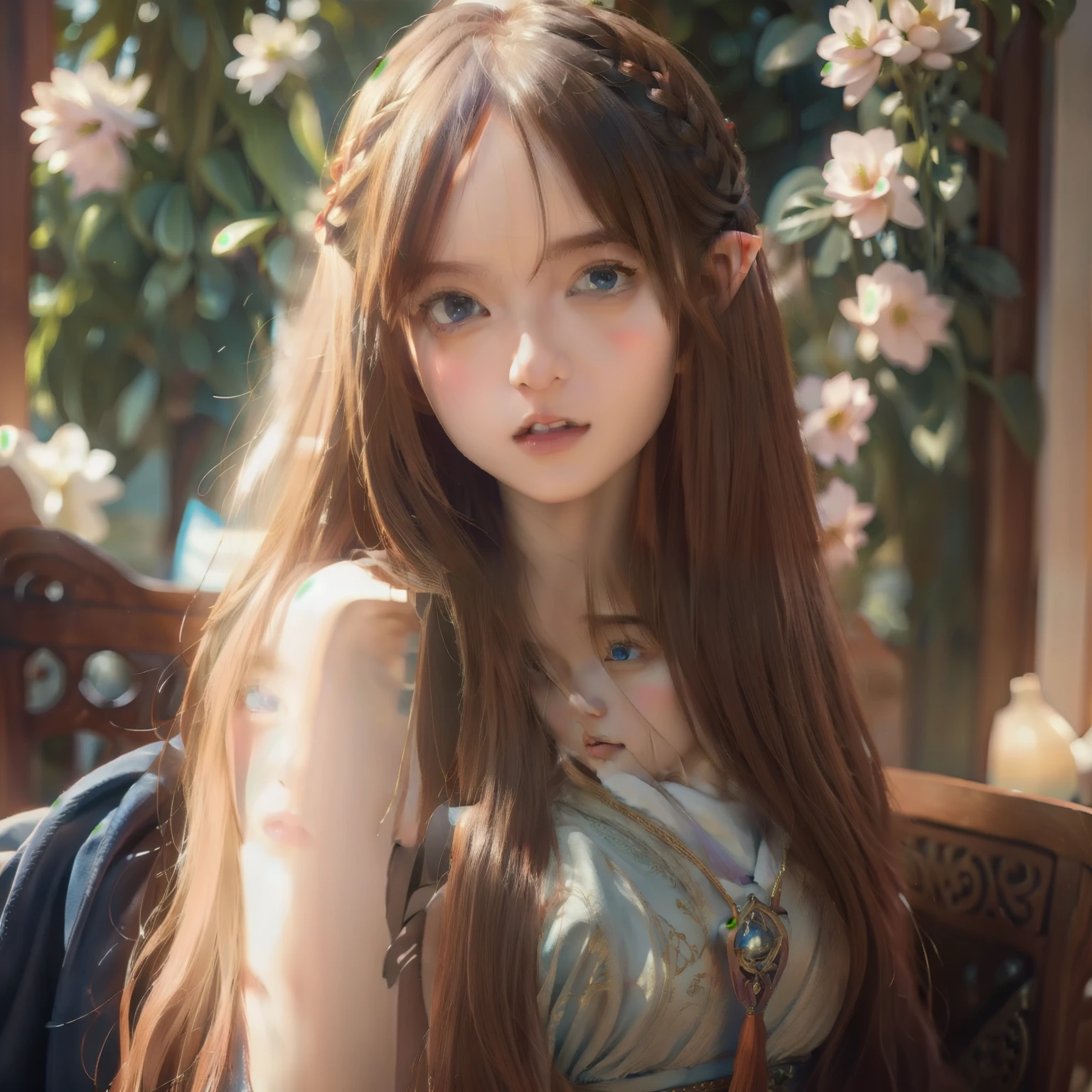 An Arafed woman with long red hair and blue eyes sits on a chair., beautiful fantasy art portrait, beautiful character painting, Beautiful digital artwork, beautiful digital painting, An elf with long brown hair braiding, Beautiful digital illustration, Beautiful female princess, stunning digital illustration, lovely digital painting, beautiful digital painting, realistic fantasy illustration, beautiful fantasy art, karol behind uhd