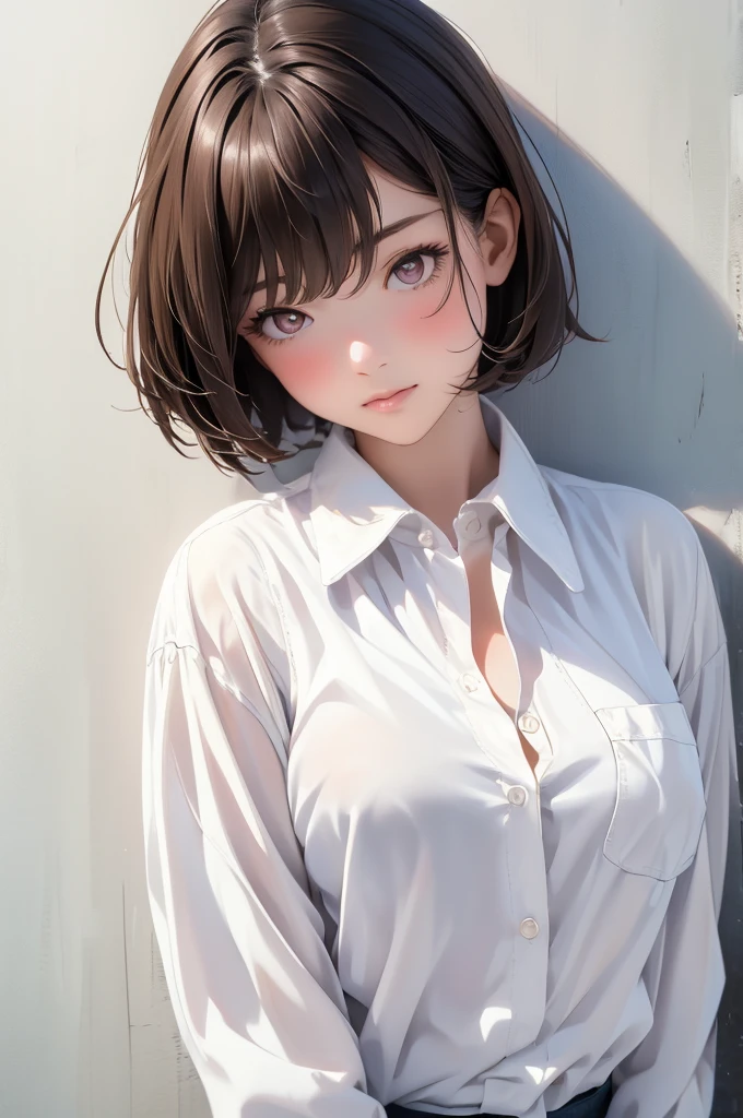 High Definition, Beautiful Japanese Idol Teenage Girl with Dark Hair, Dark Beautiful Droopy Eyes, ((Very Short Hair)), Silk Skin, Blush, Bashful Face, Photorealistic, Portrait, Masterpiece Painting, One Woman (White Shirt:1.5), Flat Breasts, 8K, Leaning Against White Wall, Shadow, High Contrast