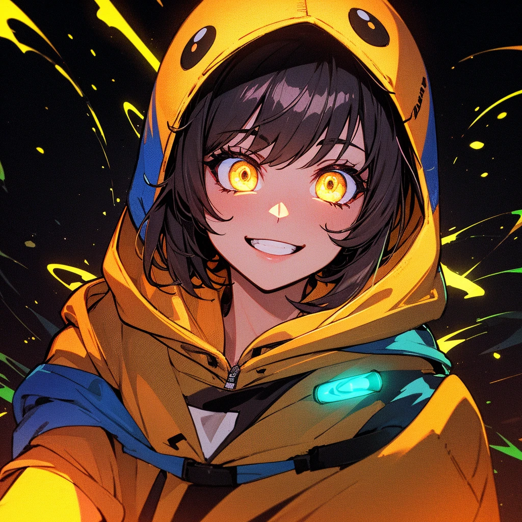 detailed background, masterpiece, best quality, smile, ornament, hoodie, portrait, yellow neon, graffiti, dark, night, glowing eyes, blacklight