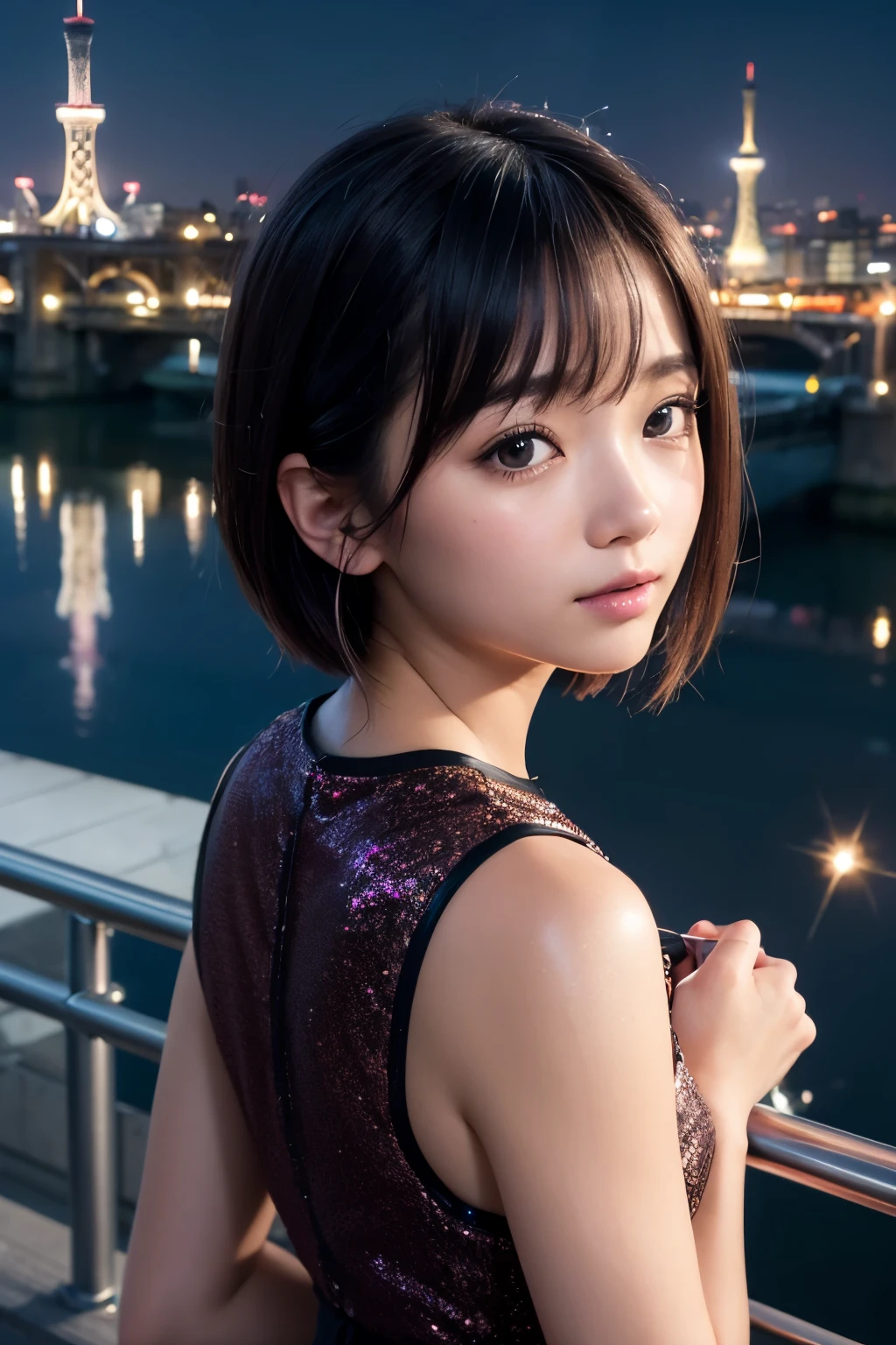 8k, RAW Photo, Best Quality, Masterpiece, Realistic, PhotoRealistic, Extremely Detailed 8k Wallpaper, Beautifully Detailed Eyes, Finely Detailed Face, 
 BREAK 
Professional Lighting, 
 BREAK 
(((s-bridge + building + city lights + cityscape + scenery + reflection + s-river + t-skytree + sparkle + twilight + night:1.8))), 
Perfectly Anatomically Correct:1.0, 
 BREAK 
1 Girl, Light Smiling, 
Very Short Hair Bun:1.2, Symmetrical Clear Eyes:1.1, Captivating Eye Reflections:1.1, 
Kawaii, [Japanese], Wide-Set Eyes, Big Eyes, Almond-Shaped Eyes, tareme, Double Eyelids, Eye Bags, (White Skinned), Blush, Embarrassed, 17-Year-Old, 
(Round Face), [[Chiseled Face]], (Round Chin), Thin Lips, [Small Nose], (Wet Hair), Messy Hair, Open Mouse Slightly, [Pouted Cheek], 
Clothing Random SHIMAMURA Tops + Bottoms, 
Looking Back Viewer, 
 BREAK 
SFW:1.0, 
 BREAK 
Long Shot:1.2, bokeh:1.6