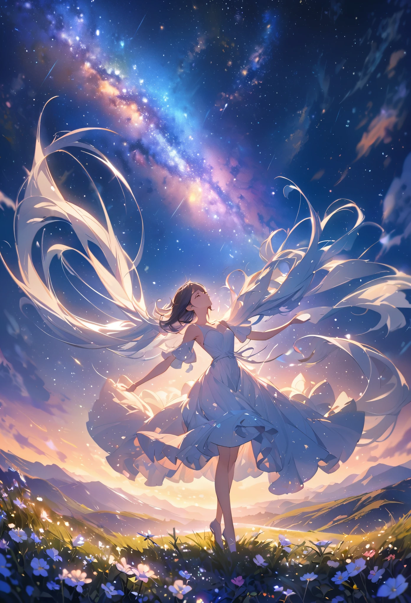 Milky Way in the sky, a pretty  looking up at the Milky Way, posture is pinned in close-up body, landscape with dancing wind and flowers, painting with beautiful expression of light, the girl is standing as if dancing