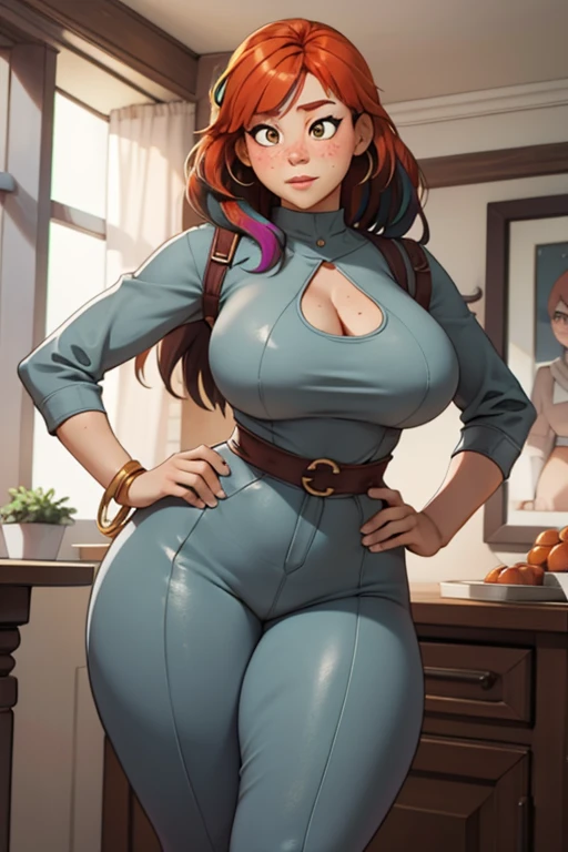 l1s4fr4nk Fr3ckles, freckles, russet hair, large breasts, long hair,  grey-eyed, standing alone,multicolor, (thick body:1.2), (sexy outfit:1.6), 