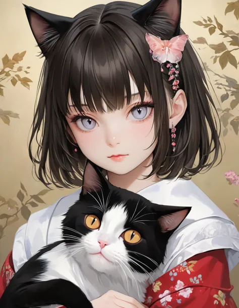 a painting of a girl holding a black and white cat, stunning anime face portrait, beautiful anime portrait, in a painting of a c...