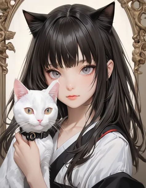 a painting of a girl holding a black and white cat, stunning anime face portrait, beautiful anime portrait, in a painting of a c...