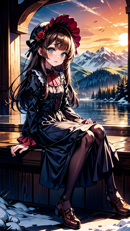 masterpiece, Highest quality, winter, Snowfield, One person, bangs, blue eyes, blunt bangs, bonnet, Brown footwear, Brown Hair, black gothic dress, Frills, fruits, whole body, Have, Long Hair, Long sleeve, View your viewers, pantyhose, purple dress, Red flower, red Rose, Rose, shoes, Sitting, alone, null, sun, Mountain, forest, lake,