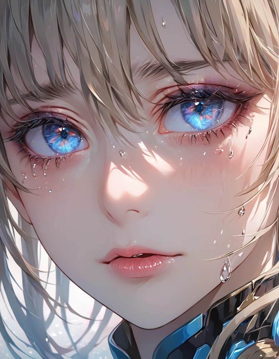 a close up of a person with blue eyes, stunning anime face portrait, cry, detailed anime soft face, beautiful anime portrait, beautiful anime face, high detailed face anime, beautiful crying female android!, realistic anime face, crying makeup, beautiful anime art, beautiful anime art style, anime moe artstyle, semi realistic anime, detailed anime art, digital anime art