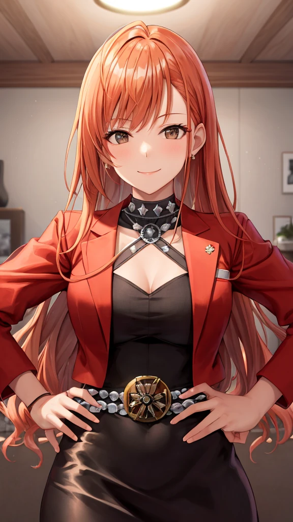 masterpiece, Highest quality, Arisugawa Natusha, One person, alone, Are standing, smile, bangs, indoor, Long Hair, Orange Hair, View your viewers, Red jacket, Black Dress, Hands on hips, Blurred Background, Medium chest, Upper Body, Portraiture, Cowboy Shot