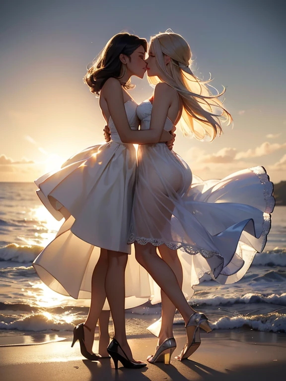 (realistic photo:1.37), Beautiful face profile, Summer sea evening sunset, Sunset overlap the person, The sunset is reflected on the sea surface, (Dazzling sunset:1.4, beautiful evening sunset:1.3), 2 womens on the beach, Two beautiful women are about to hug each other's waists and kiss, (Lens Ghosting:1.5, lens flare:1.2, Octagon-shaped lens ghost), Fiery Horizon, (String of saliva:1.2), sensual, (Silky platinum blonde Hair:1.2), (The other one woman ultra Shiny straight black hair:1.3), ((Natural backlighting:1.4)), detalhes faciais, ((one woman wears lace tiered mini skirt and sheer white Summer clothes)), ((The other woman wears a sheer tulle skirt and Sheer Summer Dresses)), (making a kissy face:1.2), ((full body view:1.2)), very beautiful face, A well-balanced face profile, blonde girl and Black Hair girl, erotic a look, Highly detailed face, Slightly slimmer body, Realistic Skin, 
BREAK. masterpiece, ultra high resolution, high definition RAW photograph, Highly detailed CG, best quality, 4K, perfect anatomy, perfect proportions, Romantic Landscape, Sparkling sea, Accurate limbs, Back blur, Hand details, finger details, Slightly large butt, erotic body