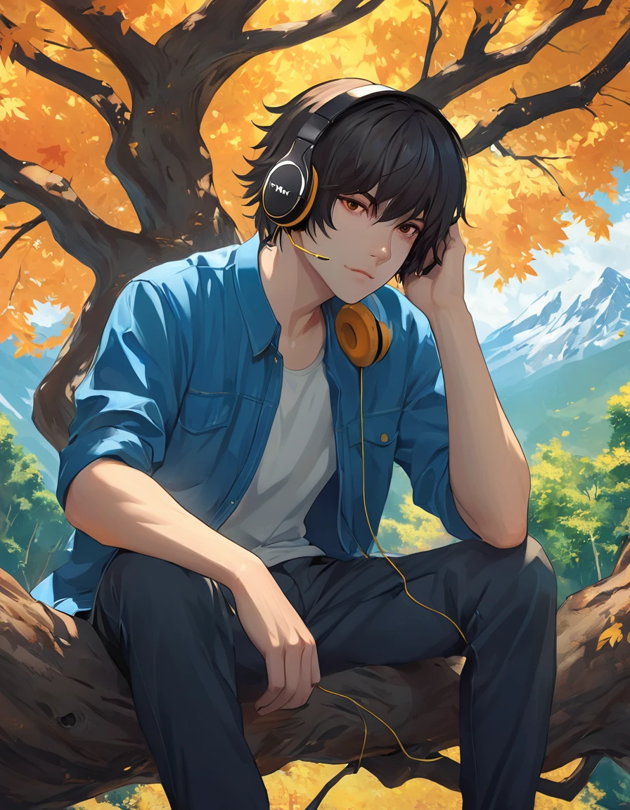 a man sitting in a tree listening to headphones, realistic anime artstyle, realistic anime art style, realistic anime style at pixiv, artstyle : ilya kuvshinov, anime nature, by Yang Buzhi, semirealistic anime style, makoto shinkai and tom bagshaw, anime nature wallpap, krenzcushart, stanley artgerm lau