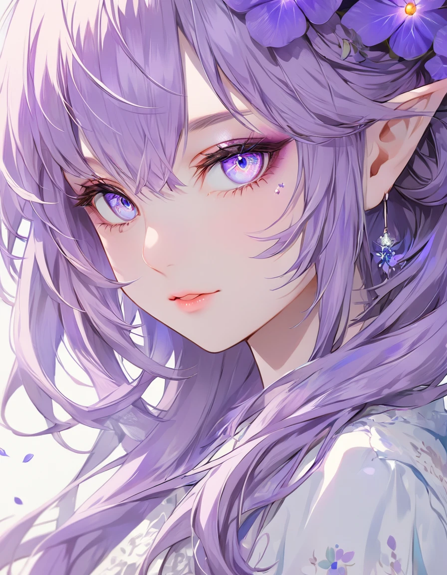 a girl with blue eyes is surrounded by purple flowers, beautiful elf with violet skin, beautiful violet eyes, detailed anime soft face, stunning anime face portrait, beautiful anime portrait, beautiful anime girl, portrait anime girl, cute anime girl portrait, close up of a young anime girl, pinterest anime, anime girl in real life, beautiful anime woman, ”beautiful anime woman