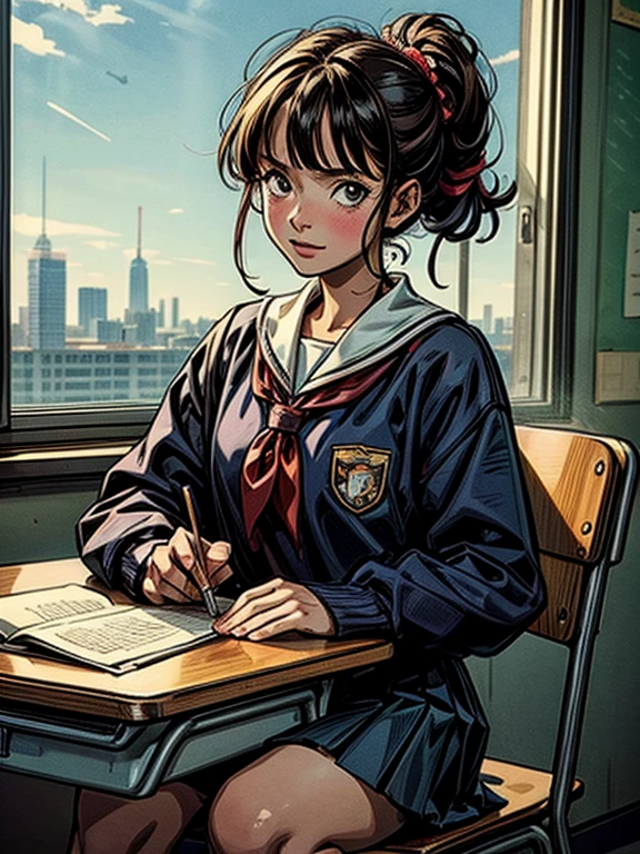 masterpiece, best quality, 1girl, 10yo, looking at viewer, one piece,, namiOP, school uniform, school, school desk,, solo,  