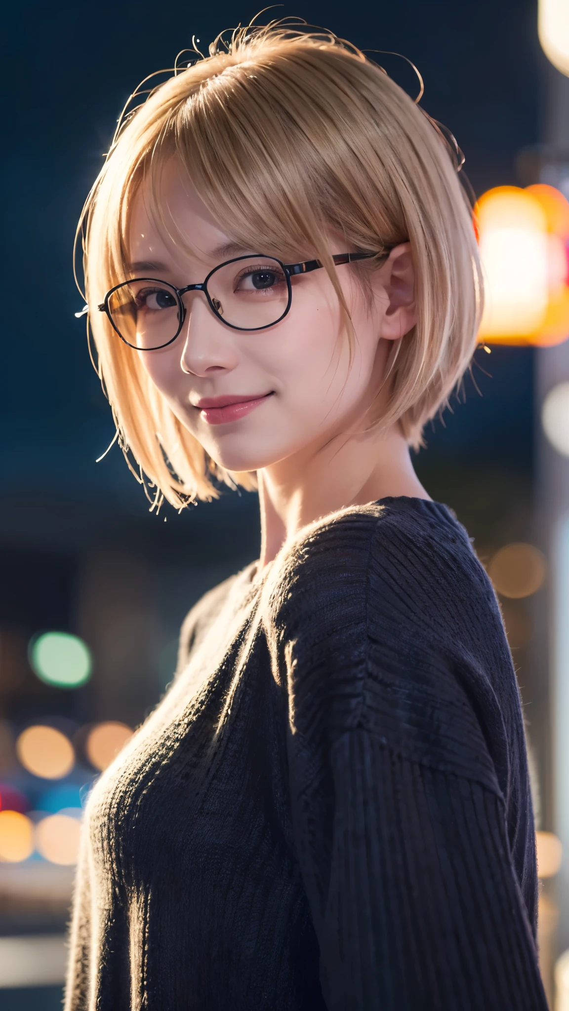 Japanese girl in casual clothes、Observe the audience、Tokyo cityscape at night、(highest quality、masterpiece)))、HD Fine、Very detailed、masterpiece、Cinema Lighting、(8k、highest quality、masterpiece:1.2)、(Realistic、Realistic:1.37) High resolution、Very detailed、Woman wearing glasses、A look of silence、Round Glasses、Asian, cute, cute顔, alone,Blonde Short Hair 1.2, Textured skin, Beautiful smile, Beautifully detailed night sky, Night view, Cinema Lighting, Written boundary depth, Lens flare light、date、(Blushing your nose)、、(Mouth closed)Small breasts、A beautiful eye for detail、(sweater:1.1)、(Blonde Short Hair:1.2)、Floating Hair Nova Frog Style、