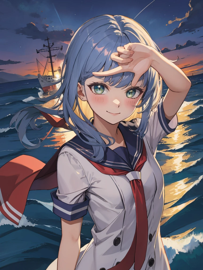 Portrait, official art, best masterpiece, best quality, best resolution, 8K, best detailed, perfect anatomy
BREAK
(bust up shot), finger frame, (Hair fluttering in the wind), facing to viewer,
BREAK
(smile), blush, happy
BREAK
murakumo (kancolle), long hair, dress, sailor dress, amber color eyes, grey hair, red necktie, ribbon, hair ribbon, sailor collar, bangs, sidelocks, white dress, tress ribbon, blue sailor collar, 1gilr , solo, (small breasts:1.2)
BREAK
(night, midnight, darkness:1.3), (sea, on the sea, sky), dust, dust, light particles very fine and detailed 16KCG wallpapersrs