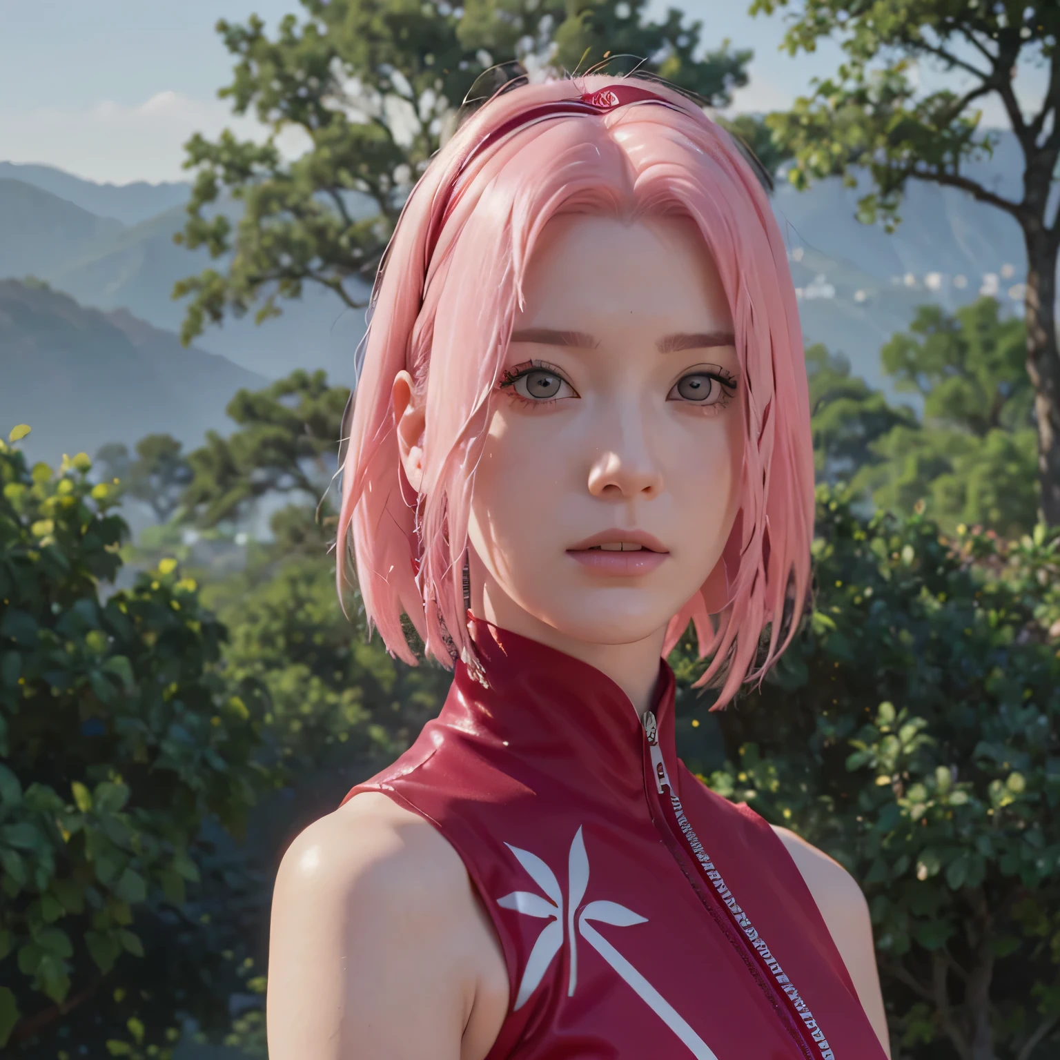 (((masterpiece+Highest quality+High resolution+Very detailed))), Haruno sakura, alone, (([woman]: 1.3 + [beauty]: 1.3+ Pink Hair: 1.5)), Pink Eyes, Bright Eyes, Dynamic angles and postures, wallpaper, ((Big Natural Tits:1.2)), Haruno sakura outfit, (Ultra-realistic:1.5), (Photorealistic:1.5), (超High resolution:1.5), red flag qipao dress(No sleeve ) There are slits on the sides、It has a zipper and a white circular design。, Crystal tattoo on forehead