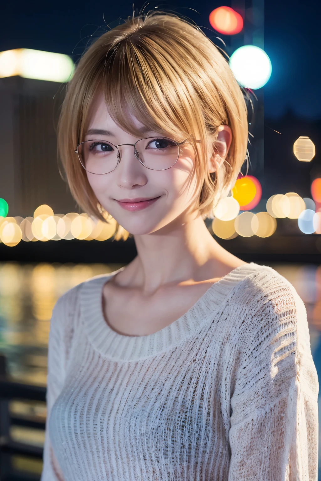 Japanese girl in casual clothes、Observe the audience、Tokyo cityscape at night、(highest quality、masterpiece)))、HD Fine、Very detailed、masterpiece、Cinema Lighting、(8k、highest quality、masterpiece:1.2)、(Realistic、Realistic:1.37) High resolution、Very detailed、Woman wearing glasses、A look of silence、Asian, cute, cute顔, alone,Blonde Short Hair 1.2, Textured skin, Beautiful smile, Beautifully detailed night sky, sea view, Cinema Lighting, Written boundary depth, Lens flare light、date、(Blushing your nose)、、(Mouth closed)Small breasts、A beautiful eye for detail、(sweater:1.1)、(Blonde Short Hair:1.2)、Floating Hair Nova Frog Style、