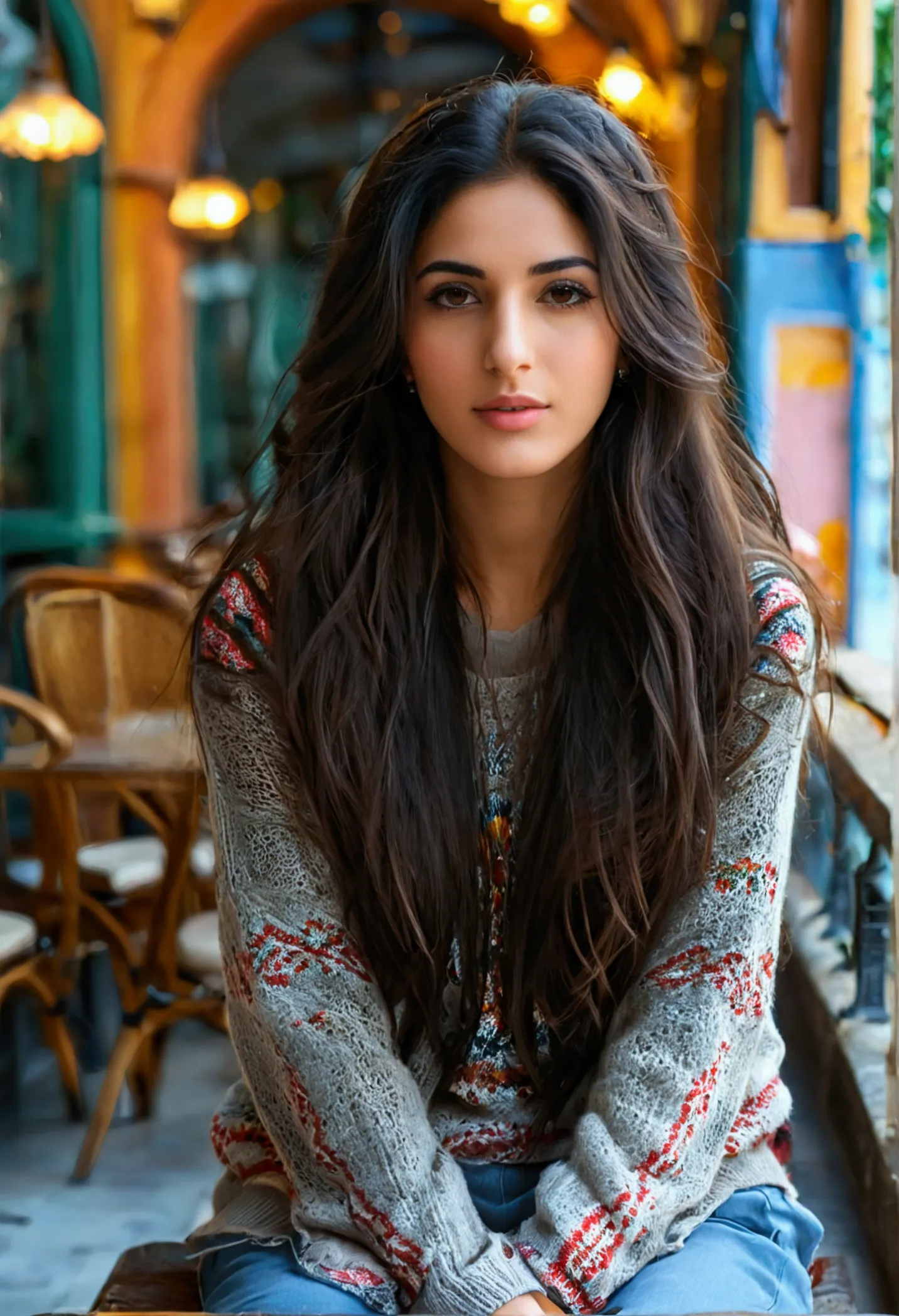 "super resolution, stunning middle-eastern woman, full body photo, sitting on a café terrace, long hair, dark hair, straight hai...