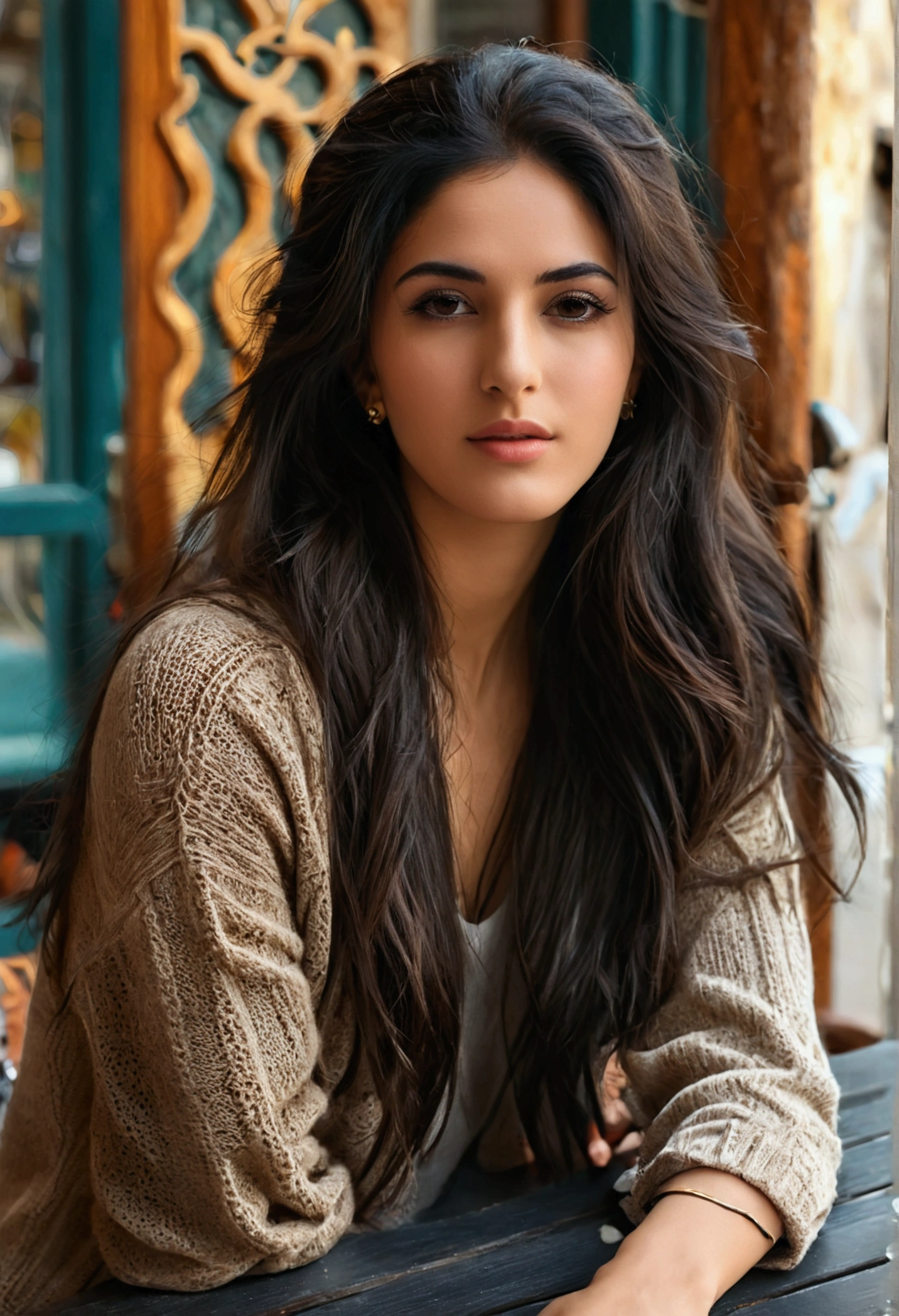 "Super Resolution, Stunning Middle-Eastern Woman, Full body photo, sitting on a café terrace, Long Hair, Dark Hair, Straight Hair, No accessories, casual sweater, trousers, loafers, relaxed pose, natural look."