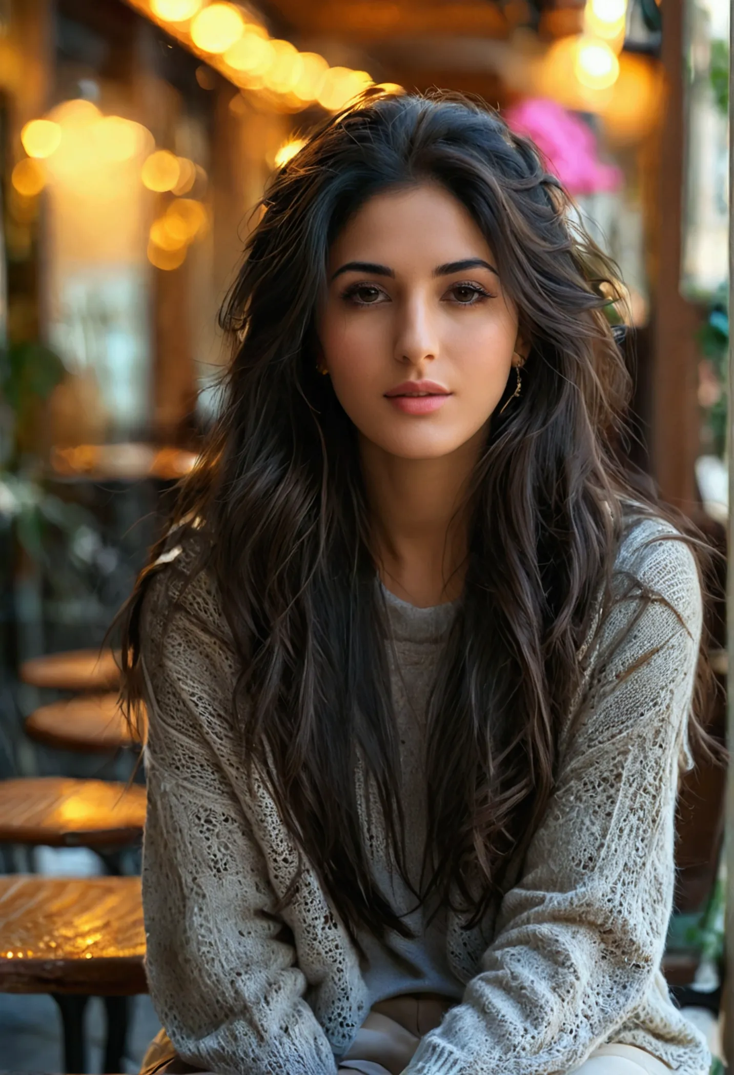 "super resolution, stunning middle-eastern woman, full body photo, sitting on a café terrace, long hair, dark hair, straight hai...