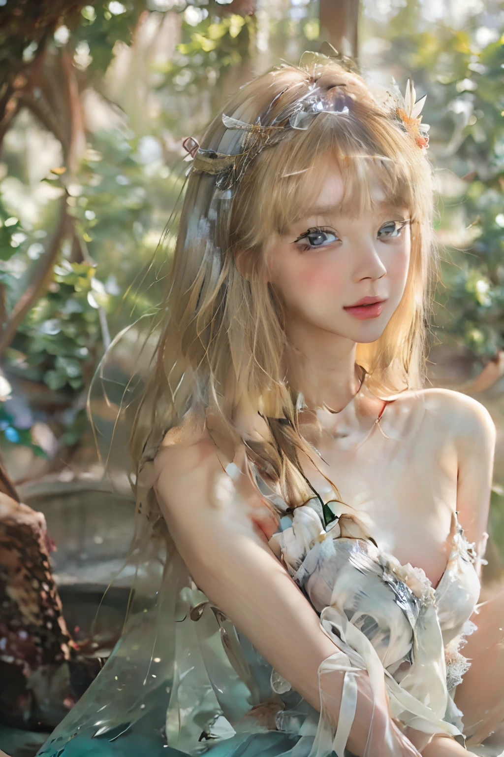 best quality、high resolution、very detailed、masterpiece、(live shooting:1.5)、bona fide:1.5、photobona fideistic:1.5、Very delicate and beautiful、small details、(European:1.4)、(open your legs:1.1)、Elegant and beautiful fairy portrait、She blends in with nature、Beautiful like a fairy、obvious, light나는 피부、Emerald green eyes、(Delicate and soft blonde hair)、light, Feather-shaped head ornaments and accessories、Elegant and flowing fairy-like attire、A background that harmonizes with nature