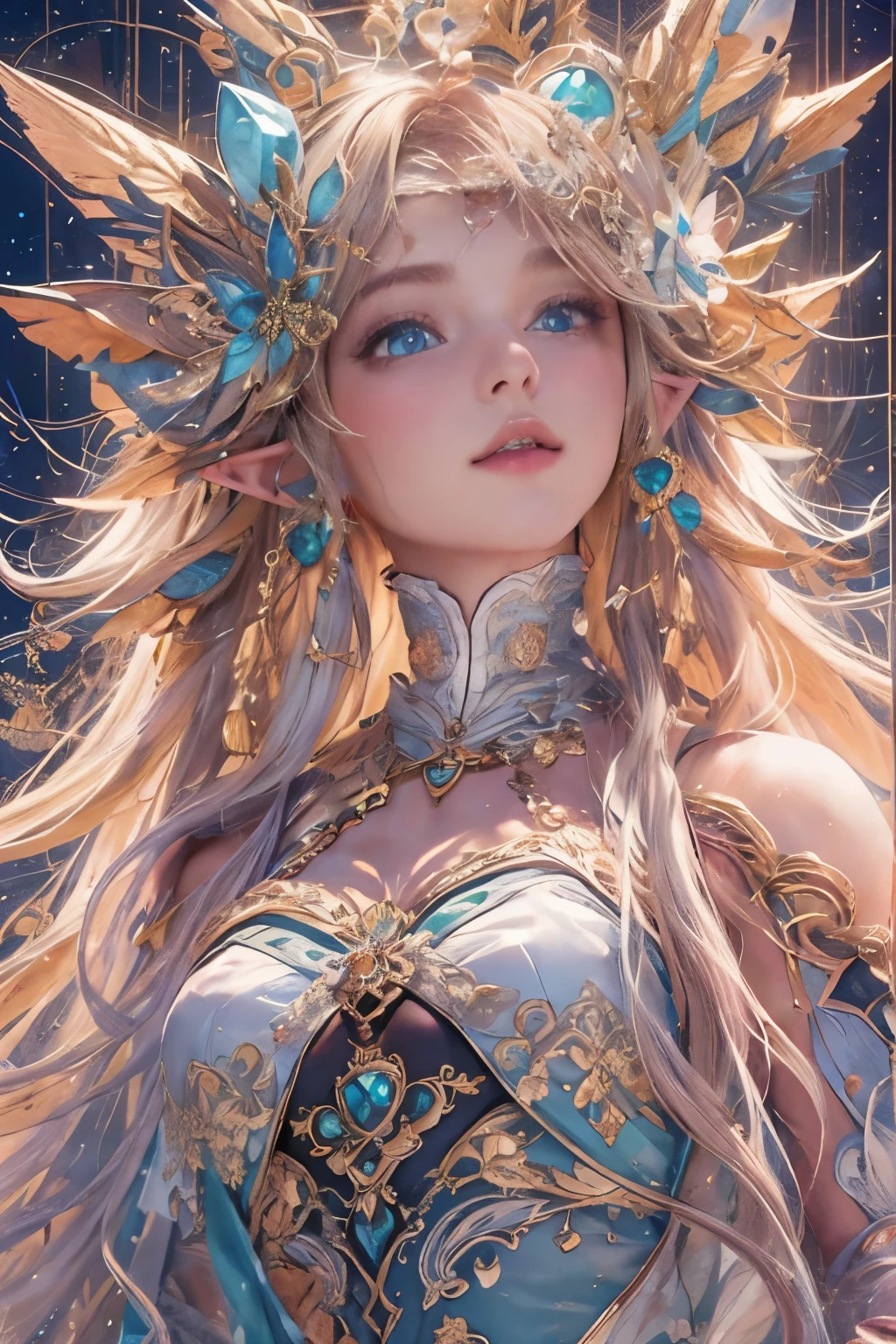 (masterpiece, top quality, best quality, official art, beautiful and aesthetic:1.2), (1 Elf Girl), very detailed, Long, shapeless hair, (fractal art:1.3),fancy, movie lights.