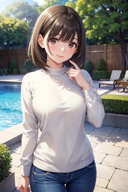 anegasaki nene、Shiny brown hair, short hair, (Beautiful brown eyes、Sparkling eyes, Fine grain)、smile、超detailedな目、非常にdetailedな顔, 非常にdetailedな目,


Highest quality、
((Highest quality, masterpiece:1.3, 8k)), (detailed), highly detailed face and skin texture, detailed eyes, Are standing, (Seductive pose:1.1), garden, Pool, whole body, (Slender body:1.1), One person, Age 25, White skin, 
 Bright lips, 魅惑的なsmile,  Green Sweater, Jeans pants, Skinny jeans, Blue Jeans, 