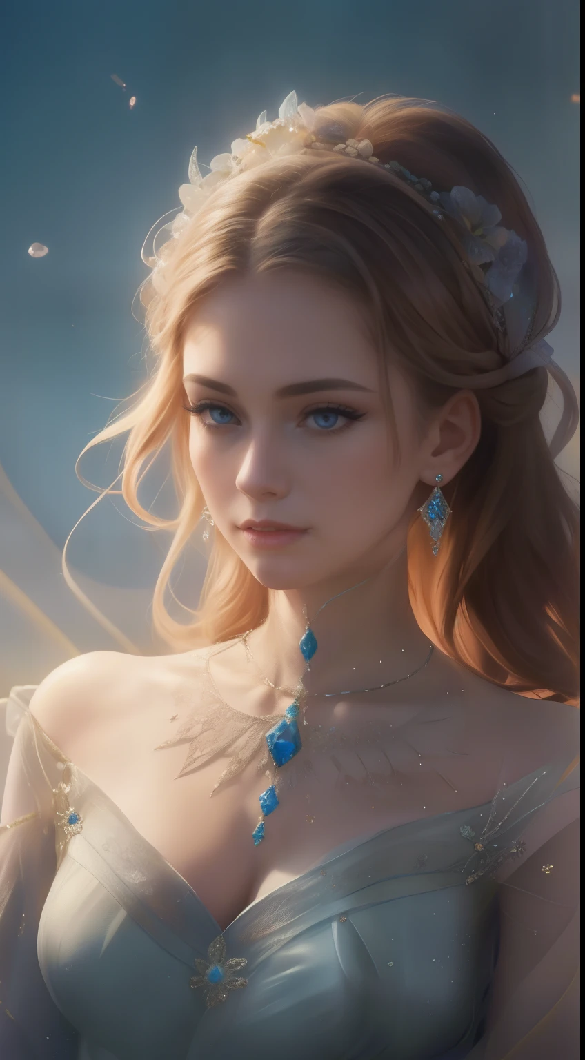 masterpiece，highest resolution，Bust of a beautiful royal maiden，delicately braided hair，Twisted hair，shining clear eyes，Wraps your hair with the beautiful and delicate hands of a flower craftsman., crystal jewelry crafting，Very detailed details，Upscaled，soft lighting。