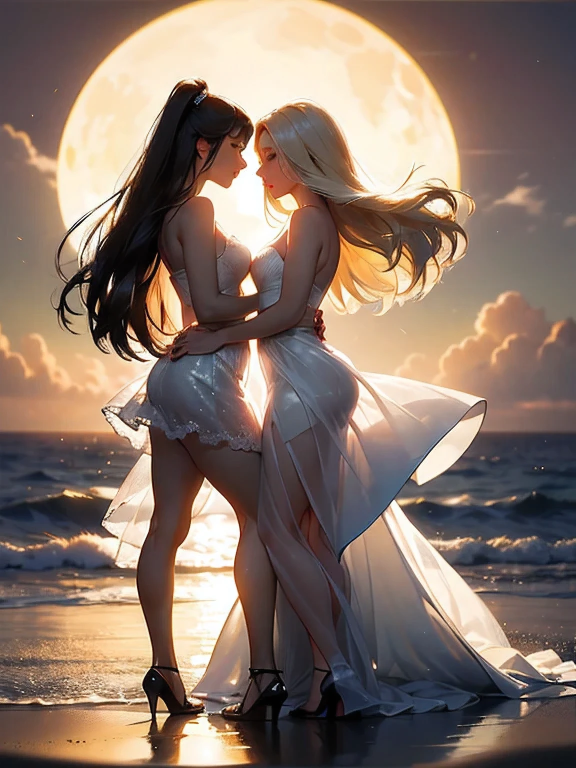 (realistic photo:1.37), Beautiful face profile, Summer sea evening sunset, Sunset overlap the person, The sunset is reflected on the sea surface, (Dazzling sunset:1.4, beautiful evening sunset:1.3), 2 womens on the beach, Two beautiful women hugging each other's waists and looking at each other, (Lens Ghosting:1.5, lens flare:1.2, Octagon-shaped lens ghost), Fiery Horizon, sensual, (Silky platinum blonde Hair:1.2), (The other one woman ultra Shiny straight black hair:1.3), ((Natural backlighting:1.4)), detalhes faciais, ((one woman wears lace tiered mini skirt and sheer white Summer clothes)), ((The other woman wears a sheer tulle skirt and Sheer Summer Dresses)), ((full body view:1.2)), very beautiful face, A well-balanced face profile, blonde girl and Black Hair girl, erotic a look, Highly detailed face, Slightly slimmer body, Realistic Skin, 
BREAK. masterpiece, ultra high resolution, high definition RAW photograph, Highly detailed CG, best quality, 4K, perfect anatomy, perfect proportions, Romantic Landscape, Sparkling sea, Accurate limbs, Back blur, Hand details, finger details, Slightly large butt, erotic body